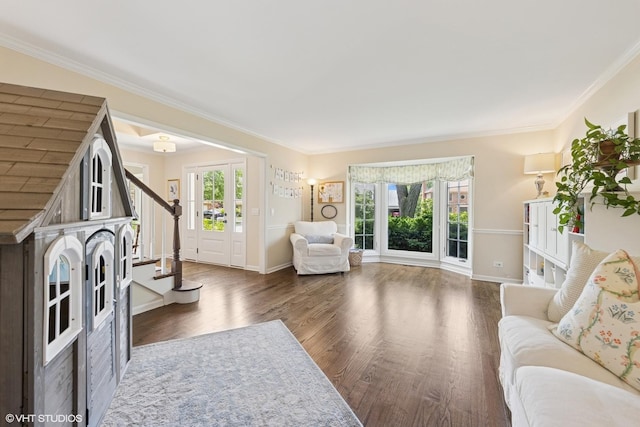 1808 Beloit Ct, Naperville, IL 60565 - living room with wood finished floors, stairs, and crown molding