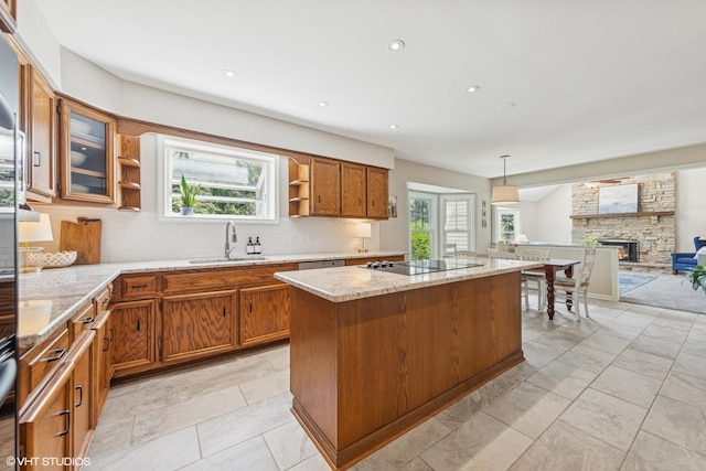 1808 Beloit Ct, Naperville, IL 60565 - kitchen featuring open shelves, black electric stovetop, a fireplace, tasteful backsplash, and recessed lighting