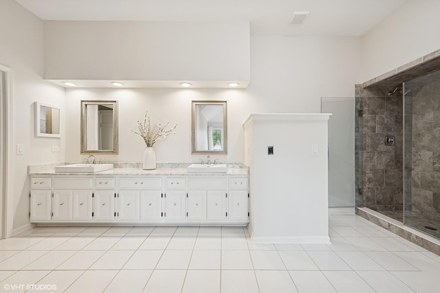 1808 Beloit Ct, Naperville, IL 60565 - full bathroom with double vanity, tiled shower, tile patterned flooring, and recessed lighting