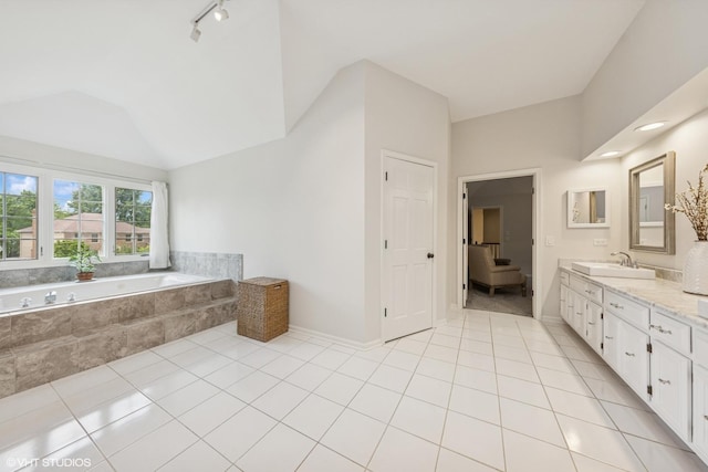 1808 Beloit Ct, Naperville, IL 60565 - full bath with tile patterned floors, vanity, a garden tub, and lofted ceiling