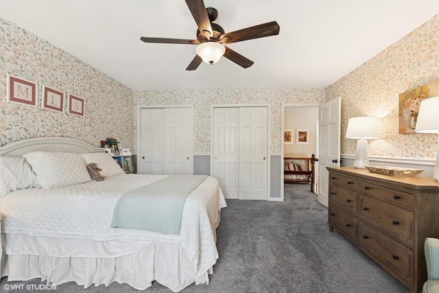 1808 Beloit Ct, Naperville, IL 60565 - bedroom with wallpapered walls, multiple closets, dark carpet, and ceiling fan