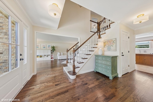 1808 Beloit Ct, Naperville, IL 60565 - entrance foyer featuring stairway, dark wood-style floors, and crown molding