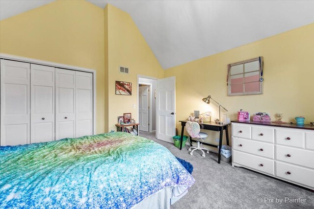 1714 Tall Tree Ln, Johnsburg, IL 60051 - bedroom with light colored carpet, high vaulted ceiling, and a closet