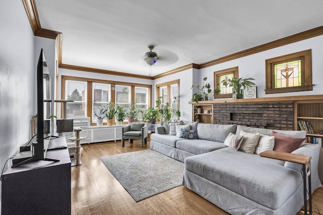 1027 N Harlem Ave, Oak Park, IL 60302 - living area with ornamental molding, healthy amount of natural light, ceiling fan, wood finished floors, and radiator heating unit