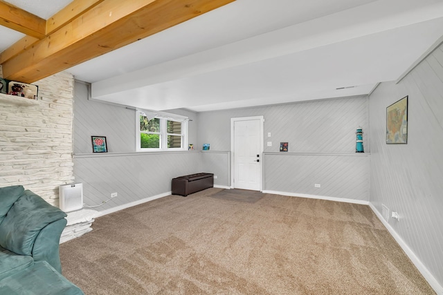 1810 Jana Ln, Morris, IL 60450 - unfurnished room with carpet, wooden walls, and beamed ceiling