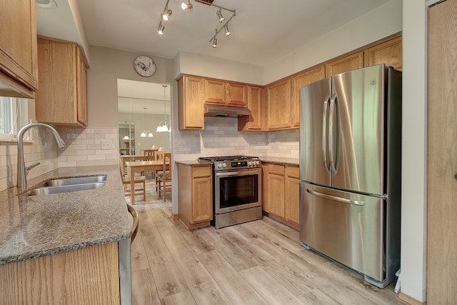 2799 Squaw Valley Trl, Aurora, IL 60503 - kitchen with stainless steel appliances, under cabinet range hood, light wood finished floors, and backsplash