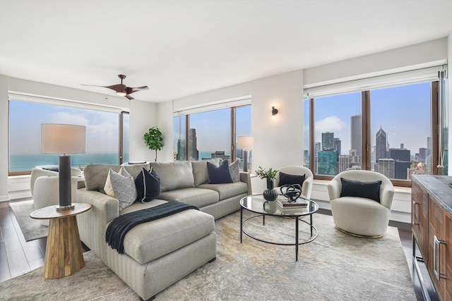 161 E Chicago Ave Unit 49B, Chicago, IL 60611 - living area featuring a view of skyline and a ceiling fan