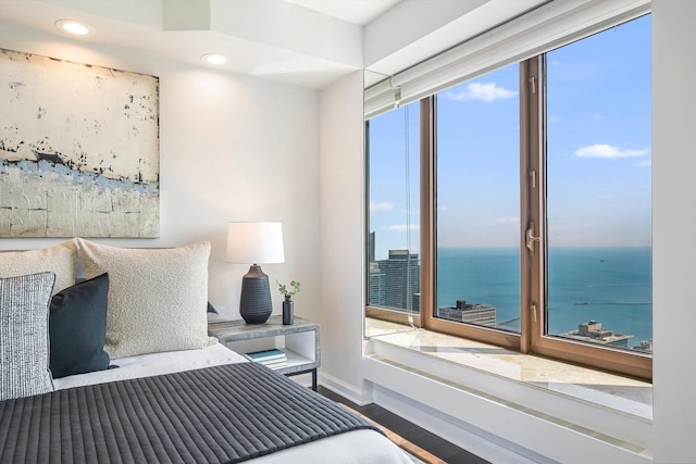 161 E Chicago Ave Unit 49B, Chicago, IL 60611 - bedroom with a water view, wood finished floors, and recessed lighting