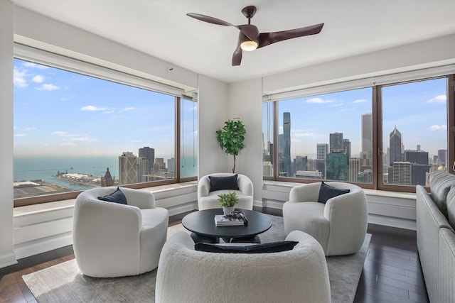 161 E Chicago Ave Unit 49B, Chicago, IL 60611 - living area with a skyline view, dark wood-style floors, a ceiling fan, and a water view