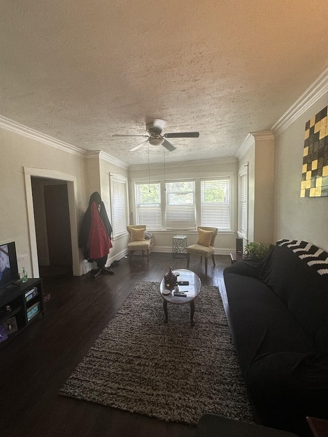 1519 E 76th Pl, Chicago, IL 60619 - living area featuring wood finished floors, a textured ceiling, a ceiling fan, and ornamental molding