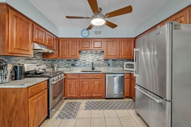 9535 S Mayfield Ave Unit 203, Oak Lawn, IL 60453 - kitchen featuring stainless steel appliances, under cabinet range hood, a ceiling fan, brown cabinets, and tasteful backsplash