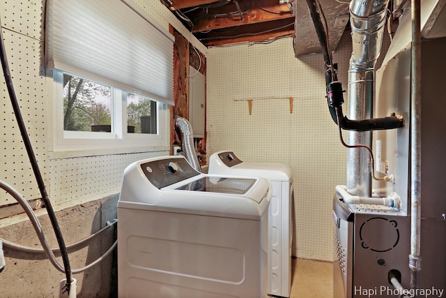 1113 Rolling Lane Rd, Johnsburg, IL 60051 - washroom featuring washer and clothes dryer, wallpapered walls, and heating unit