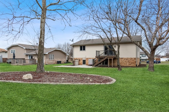 13707 W Carefree Dr, Homer Glen, IL 60491 - rear view of house with stairway, a deck, a lawn, and brick siding