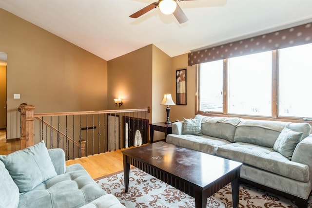 13707 W Carefree Dr, Homer Glen, IL 60491 - living room featuring wood finished floors, ceiling fan, and vaulted ceiling