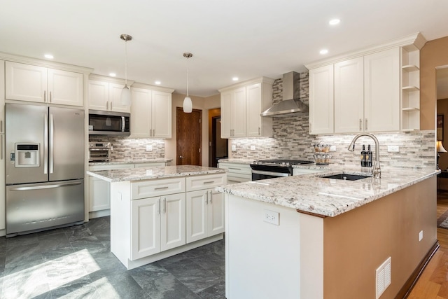 13707 W Carefree Dr, Homer Glen, IL 60491 - kitchen with appliances with stainless steel finishes, wall chimney exhaust hood, a peninsula, open shelves, and decorative backsplash