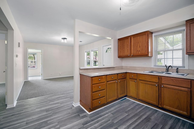 2110 E Erzinger St, Kankakee, IL 60901 - kitchen featuring brown cabinets, dark wood-style floors, and light countertops