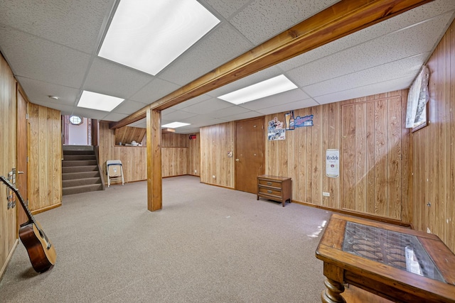 7749 W Lakeview Ter, Frankfort, IL 60423 - finished basement with a drop ceiling, stairs, wood walls, and carpet
