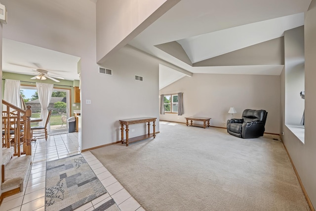 7749 W Lakeview Ter, Frankfort, IL 60423 - sitting room with a ceiling fan, light carpet, light tile patterned floors, and high vaulted ceiling