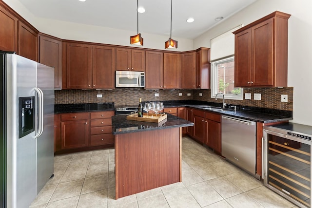 319 W Wood St Unit 18, Palatine, IL 60067 - kitchen with stainless steel appliances, wine cooler, tasteful backsplash, a center island, and dark stone countertops