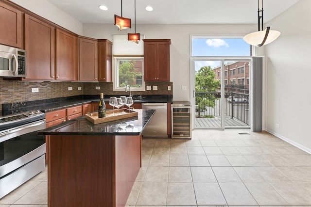319 W Wood St Unit 18, Palatine, IL 60067 - kitchen with stainless steel appliances, beverage cooler, backsplash, dark stone counters, and light tile patterned floors