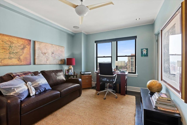 5510 N Sheridan Rd Unit 17A, Chicago, IL 60640 - office area featuring ceiling fan, wood finished floors, and ornamental molding