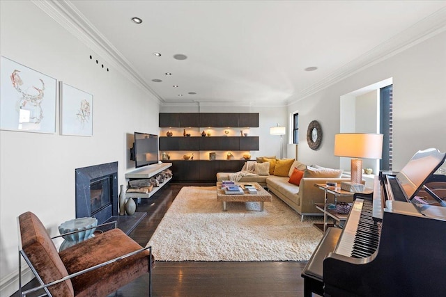 5510 N Sheridan Rd Unit 17A, Chicago, IL 60640 - living room with dark wood-style floors, crown molding, a fireplace, and recessed lighting