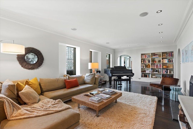 5510 N Sheridan Rd Unit 17A, Chicago, IL 60640 - living area featuring recessed lighting, dark wood finished floors, ornamental molding, arched walkways, and built in shelves