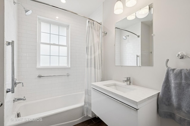 625 Park Ave, Wilmette, IL 60091 - bathroom featuring shower / bath combination with curtain, vanity, and wood finished floors