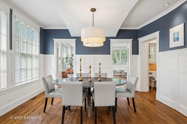 625 Park Ave, Wilmette, IL 60091 - dining space with a decorative wall, wainscoting, wood finished floors, and crown molding