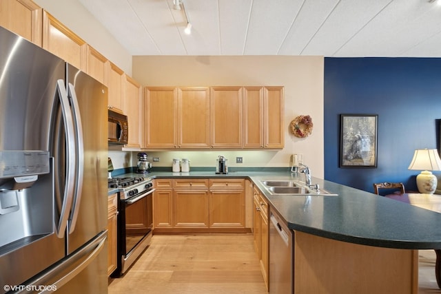 1301 W Washington Blvd Unit 509, Chicago, IL 60607 - kitchen featuring stainless steel appliances, a peninsula, track lighting, light wood-style flooring, and dark countertops