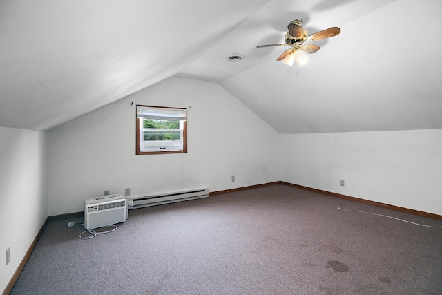 125 S Main St, Clifton, IL 60927 - additional living space with a baseboard heating unit, carpet, lofted ceiling, a ceiling fan, and an AC wall unit