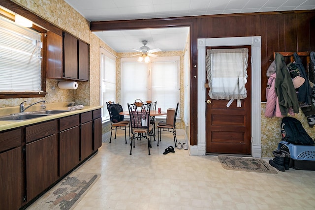 125 S Main St, Clifton, IL 60927 - kitchen with light flooring, light countertops, a ceiling fan, wood walls, and dark brown cabinets