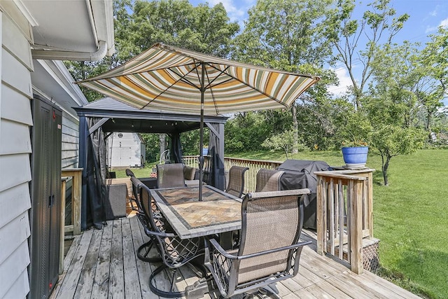 15005 131st St, Lemont, IL 60439 - wooden terrace with a yard, a gazebo, outdoor dining space, and view of scattered trees