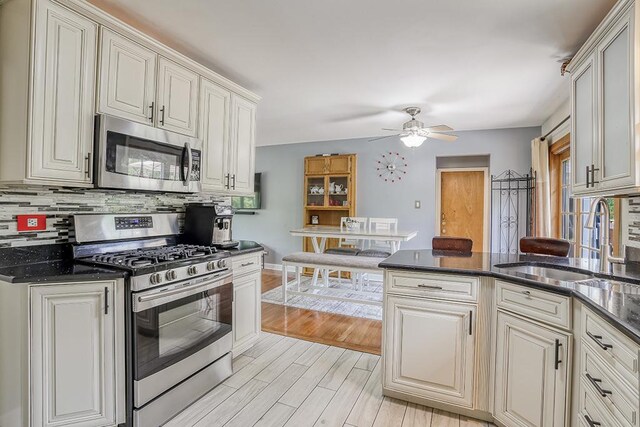 15005 131st St, Lemont, IL 60439 - kitchen featuring appliances with stainless steel finishes, a sink, tasteful backsplash, ceiling fan, and light wood-style floors