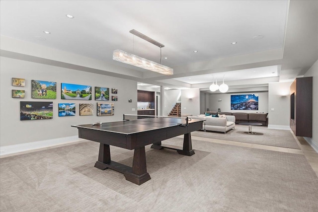 326 Country Ln, Glenview, IL 60025 - recreation room with a raised ceiling, carpet, and recessed lighting
