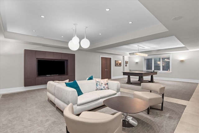 326 Country Ln, Glenview, IL 60025 - living area with a tray ceiling, light carpet, billiards table, and recessed lighting