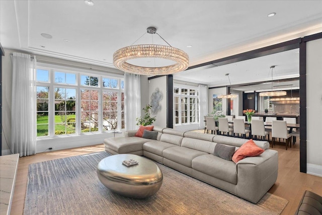 326 Country Ln, Glenview, IL 60025 - living room featuring wood finished floors, a chandelier, and recessed lighting