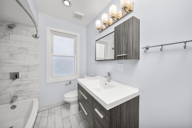 3100 N Newcastle Ave, Chicago, IL 60634 - bathroom with marble look tile flooring, vanity, and shower / tub combination
