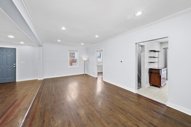 3100 N Newcastle Ave, Chicago, IL 60634 - unfurnished living room featuring crown molding, wood finished floors, and recessed lighting