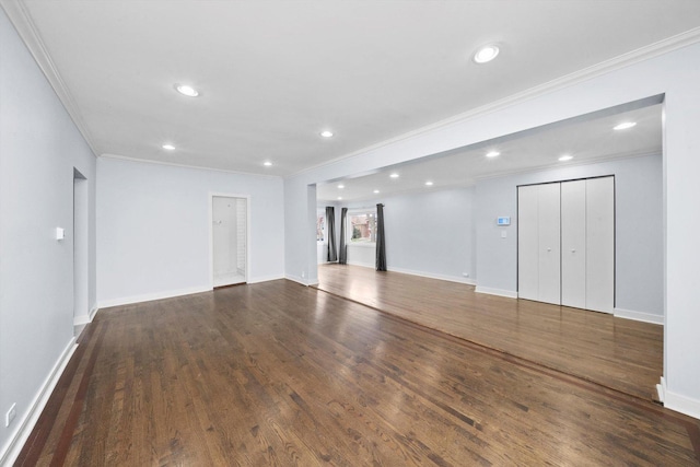 3100 N Newcastle Ave, Chicago, IL 60634 - unfurnished living room with crown molding, recessed lighting, and dark wood finished floors