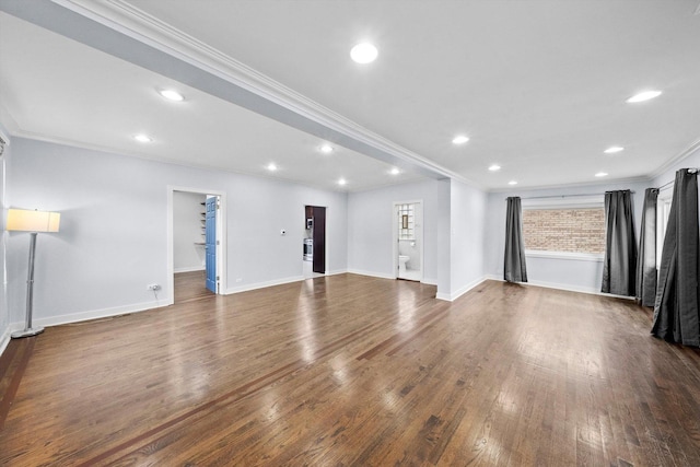 3100 N Newcastle Ave, Chicago, IL 60634 - unfurnished living room with ornamental molding, dark wood-type flooring, and recessed lighting