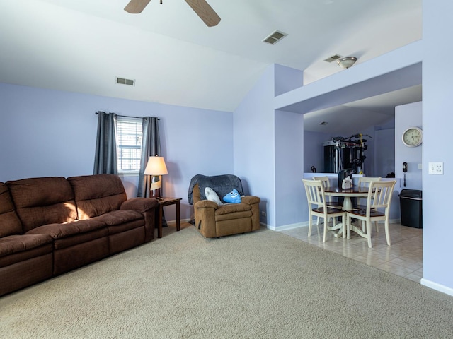 7367 Grandview Ct Unit 7367, Carpentersville, IL 60110 - living area featuring carpet, vaulted ceiling, and a ceiling fan