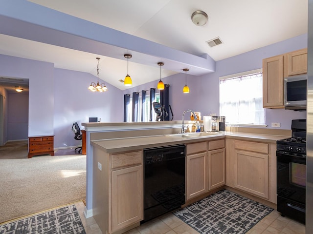 7367 Grandview Ct Unit 7367, Carpentersville, IL 60110 - kitchen with black appliances, light brown cabinets, vaulted ceiling, a peninsula, and light countertops