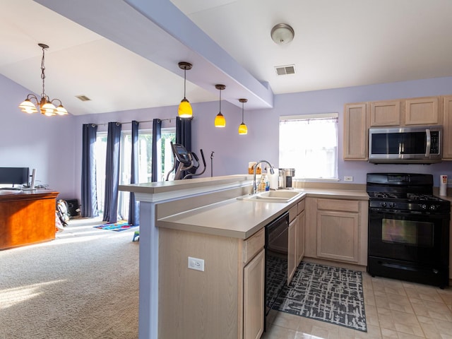 7367 Grandview Ct Unit 7367, Carpentersville, IL 60110 - kitchen featuring black appliances, light brown cabinetry, a peninsula, open floor plan, and light countertops