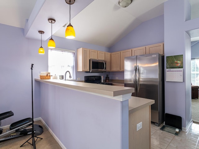 7367 Grandview Ct Unit 7367, Carpentersville, IL 60110 - kitchen featuring appliances with stainless steel finishes, light brown cabinetry, a peninsula, vaulted ceiling, and light countertops