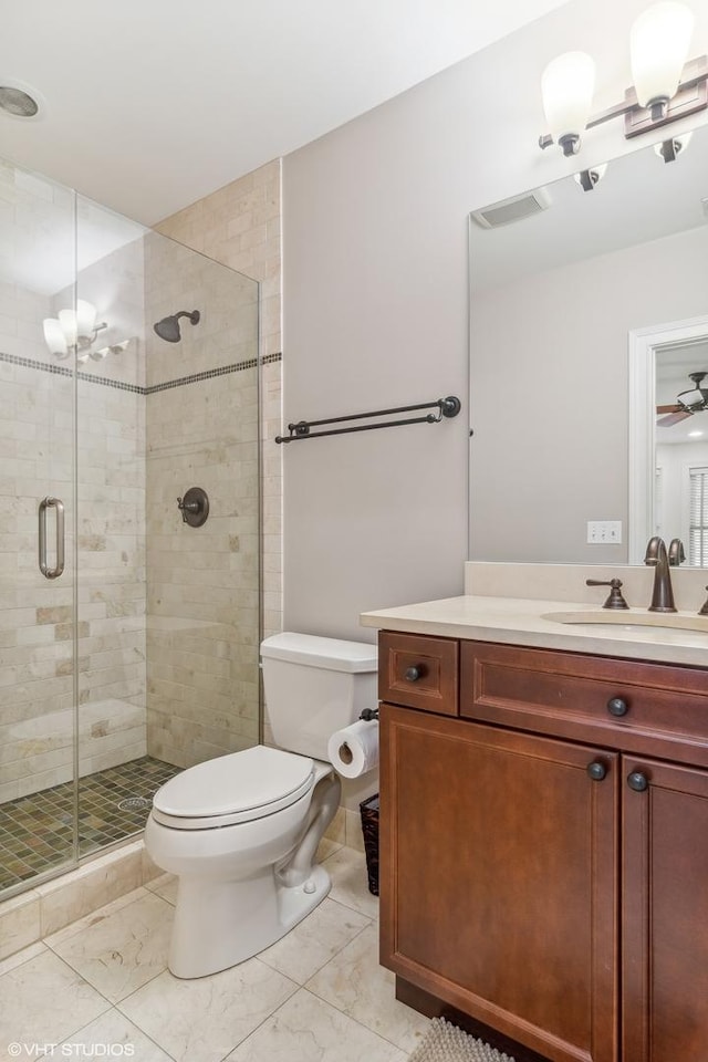 3019 W Cornelia Ave, Chicago, IL 60618 - full bathroom featuring vanity, a shower stall, and a ceiling fan