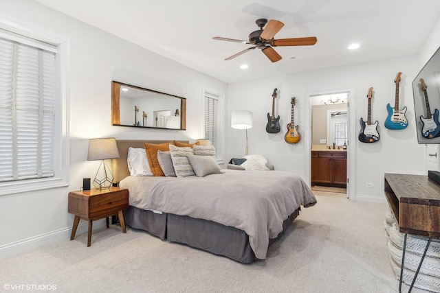 3019 W Cornelia Ave, Chicago, IL 60618 - bedroom with recessed lighting, light carpet, connected bathroom, and ceiling fan