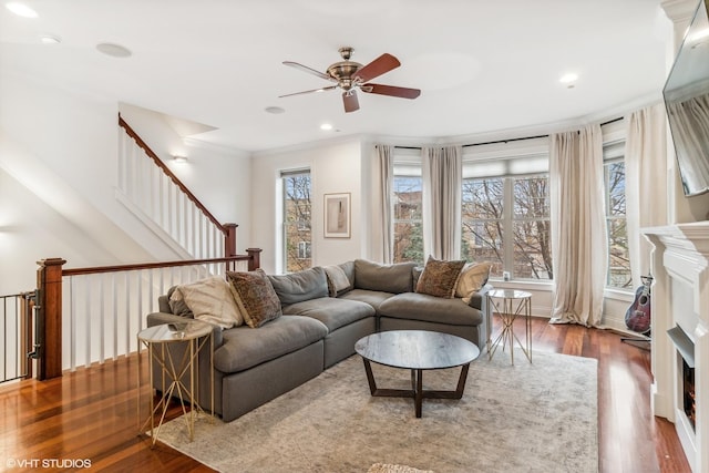 3019 W Cornelia Ave, Chicago, IL 60618 - living room featuring a ceiling fan, wood finished floors, recessed lighting, and ornamental molding