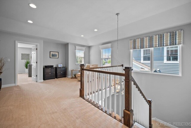 3S661 Breme Dr W, Warrenville, IL 60555 - corridor with recessed lighting, light carpet, and an upstairs landing