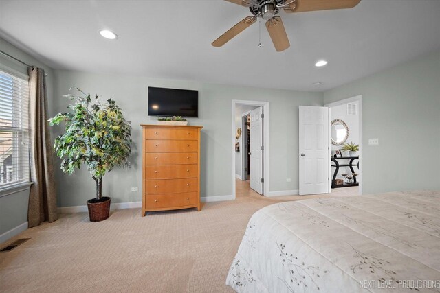 3S661 Breme Dr W, Warrenville, IL 60555 - bedroom with light carpet, a walk in closet, recessed lighting, and a ceiling fan